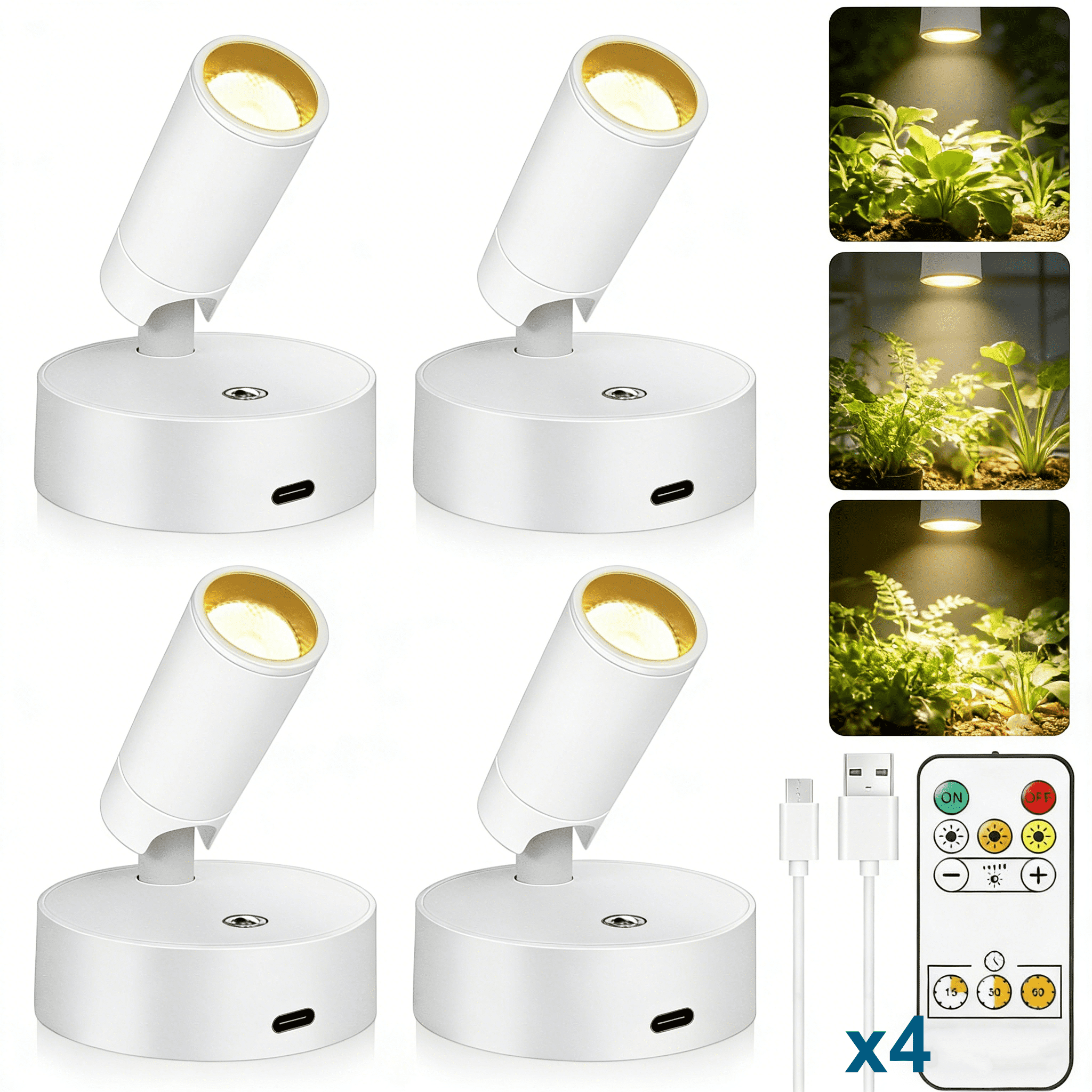 Indoor Wireless LED Spotlight, Indoor Plant Spotlight, Remote Dimmable, 350 ° Rotating, Rechargeable Upward Battery Powered, Ceiling Light for Artwork Painting Plant Picture Light White (4 PCS)