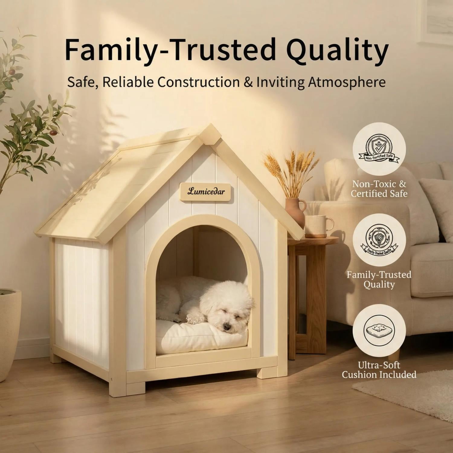 Indoor Wooden Dog House with EVA Cushion, Solid Cedar Furniture-Style Pet House Shelter for Small Dogs and Cats, Scandinavian Design Cozy Retreat for Living Room Bedroom, Creamy White Light Yellow