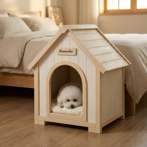 Indoor Wooden Dog House for Small Dogs and Cats Solid Cedar A-Frame Pet House with EVA Cushion Scandinavian Design, Creamy White,Light Yellow