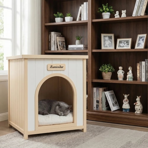 Indoor Wooden Dog House for Small Dogs and Cats Solid Cedar Pet House with Removable Cushion Scandinavian Design, Cream White,Light Yellow
