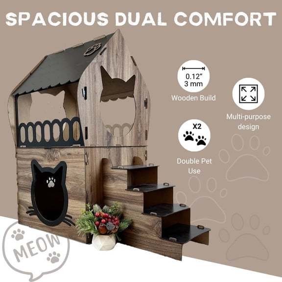 Indoor Wooden House for 2 Cats - Spacious Multi-Pet Shelter - Wood, Cozy Design - Dog Bed