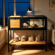 Indoor Wooden Tortoise Enclosure with Wheels, Elevated Turtle Habitat with Storage Shelf & Lamp Holder, Reptile Cage for Turtles, Lizards
