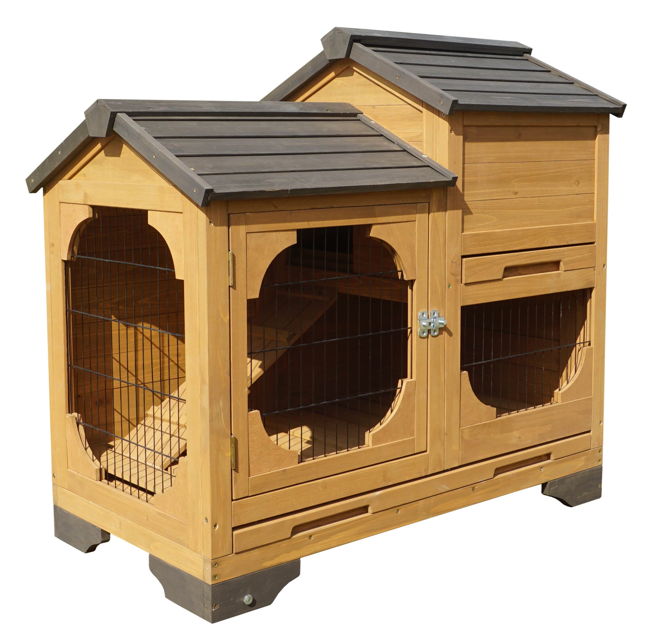 Victorian Style Solid Wood Outdoor Rabbit Hutch with Black Metal Cage