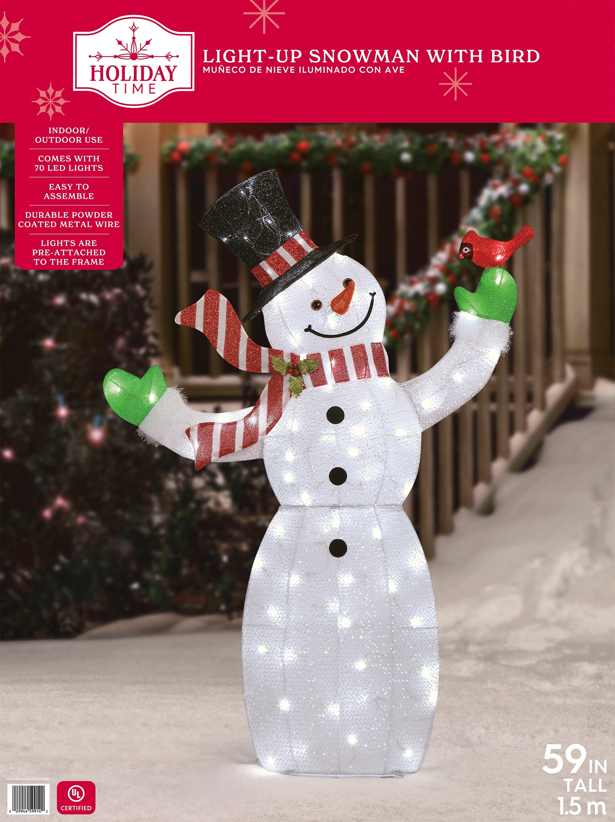 Indoor and Outdoor Lightup Snowman with Scarf and Red Bird, 59 in, 70