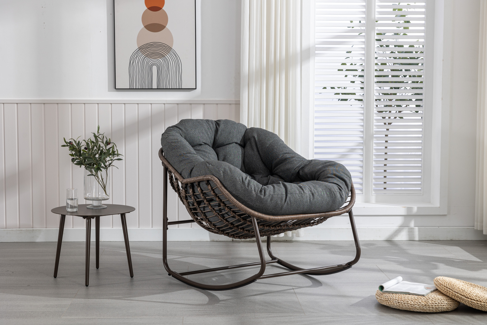 Indoor and Outdoor Rocking Chair, Rattan Rocker with Steel Legs