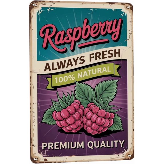 Indoor decorative wall decor metal tin sign 8x12 inch featuring Fruits Collection Rural Raspberry for vintage home, bar, garage, rv or cabin style