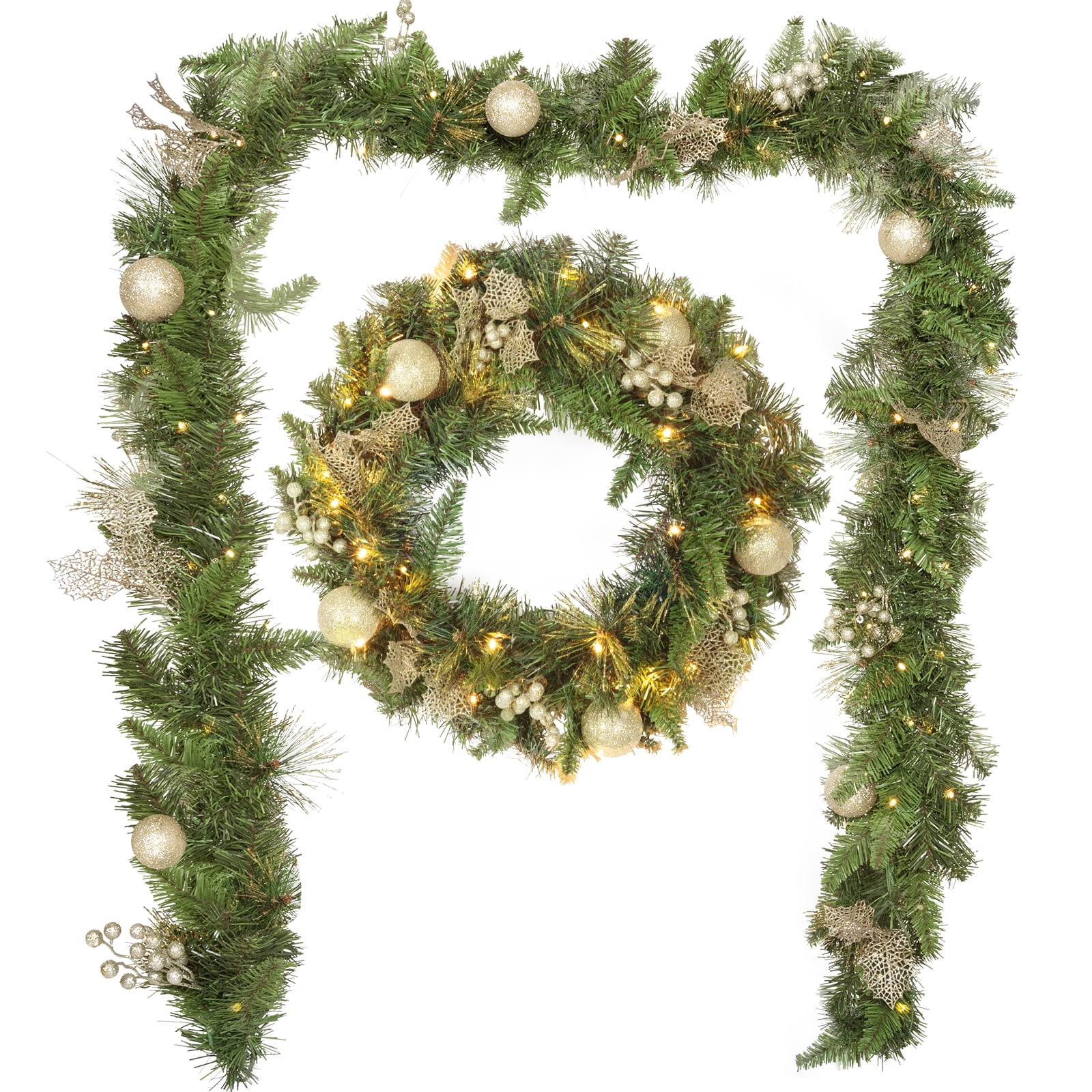 Indoor/outdoor Christmas Wreath and Garland Combo，PreLit LED 24in