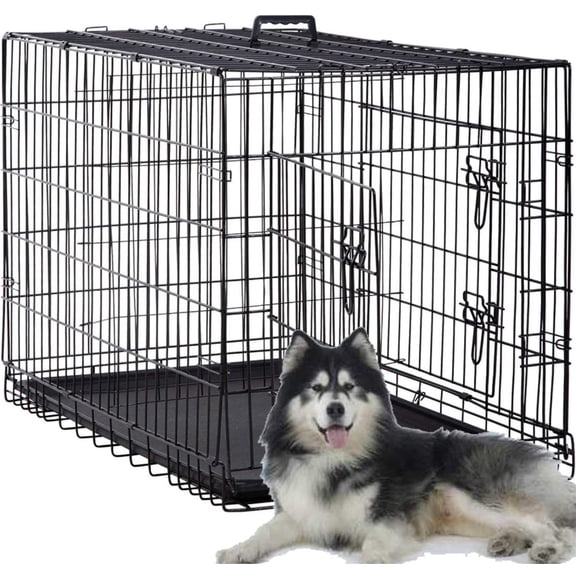 IndoorOutdoor large dog crate for XXL dogs, metal wire construction, black color, double-door foldable design with handle and plastic tray