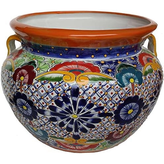 Indoors/Outdoors Large-Sized Cherato Mexican Colors Talavera Ceramic Garden Pot, Multicolor, Size: 17inch Overall Diameter x 13.5inch Height.$$Garden & Patio