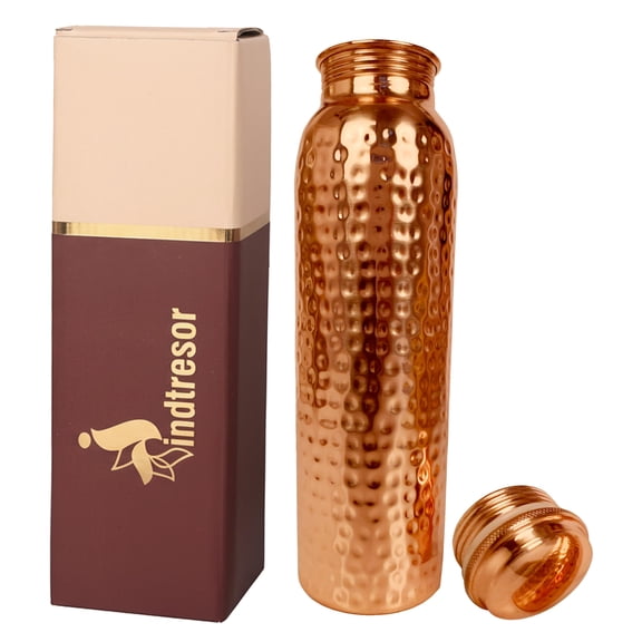 Indtresor Pure Copper Water Bottle - Handcrafted - Ayurveda health benefits - Large 35 oz - Leak proof, Easy to carry for Sports, Fitness, Yoga, School - Natural Hammered Beaten Copper Finish