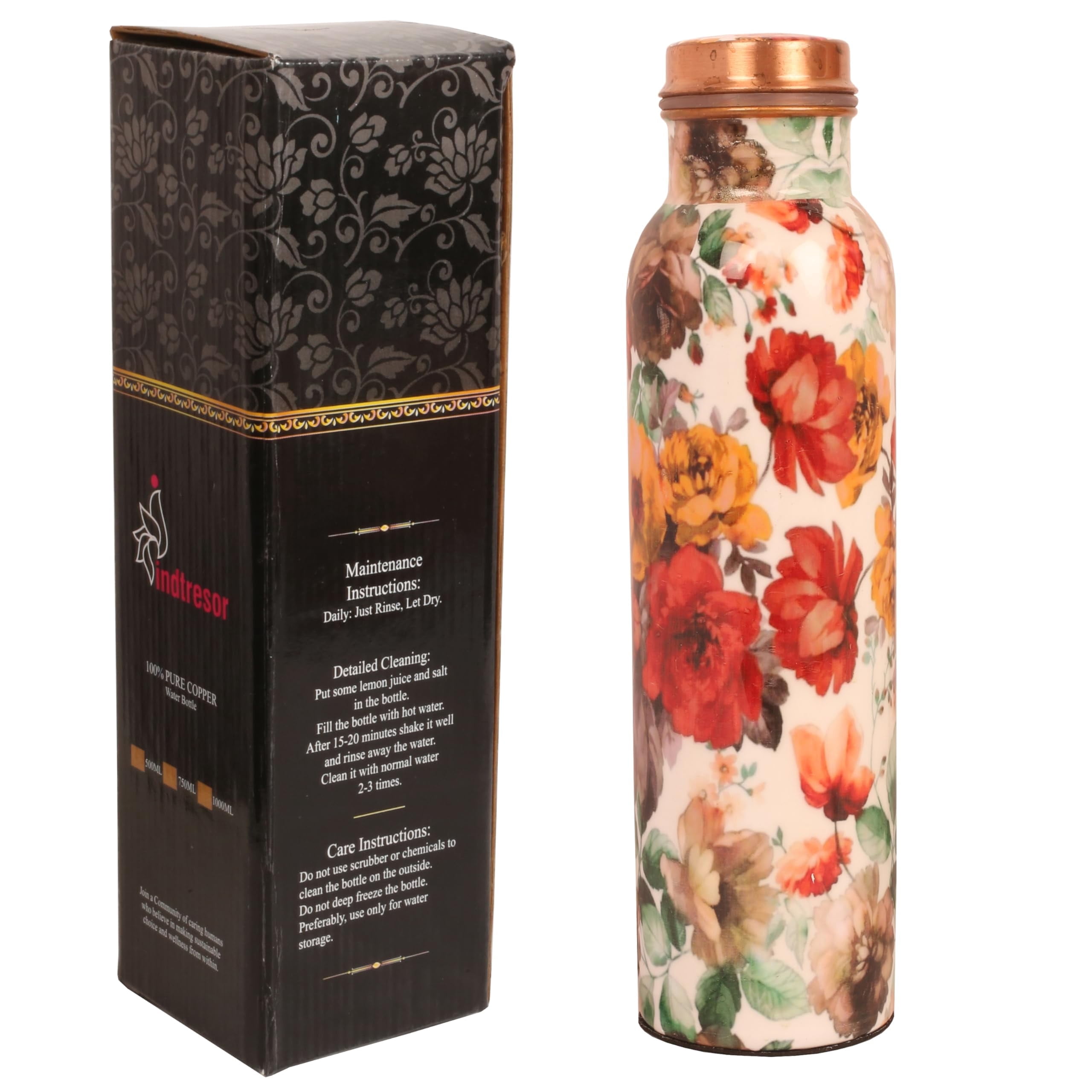 Indtresor Pure Copper Water Bottle - Handcrafted - Ayurveda health benefits - Large 35 oz - Leak proof - Easy to carry for Sports, Fitness, Yoga, School - White Base Floral Vintage Colors Enamel