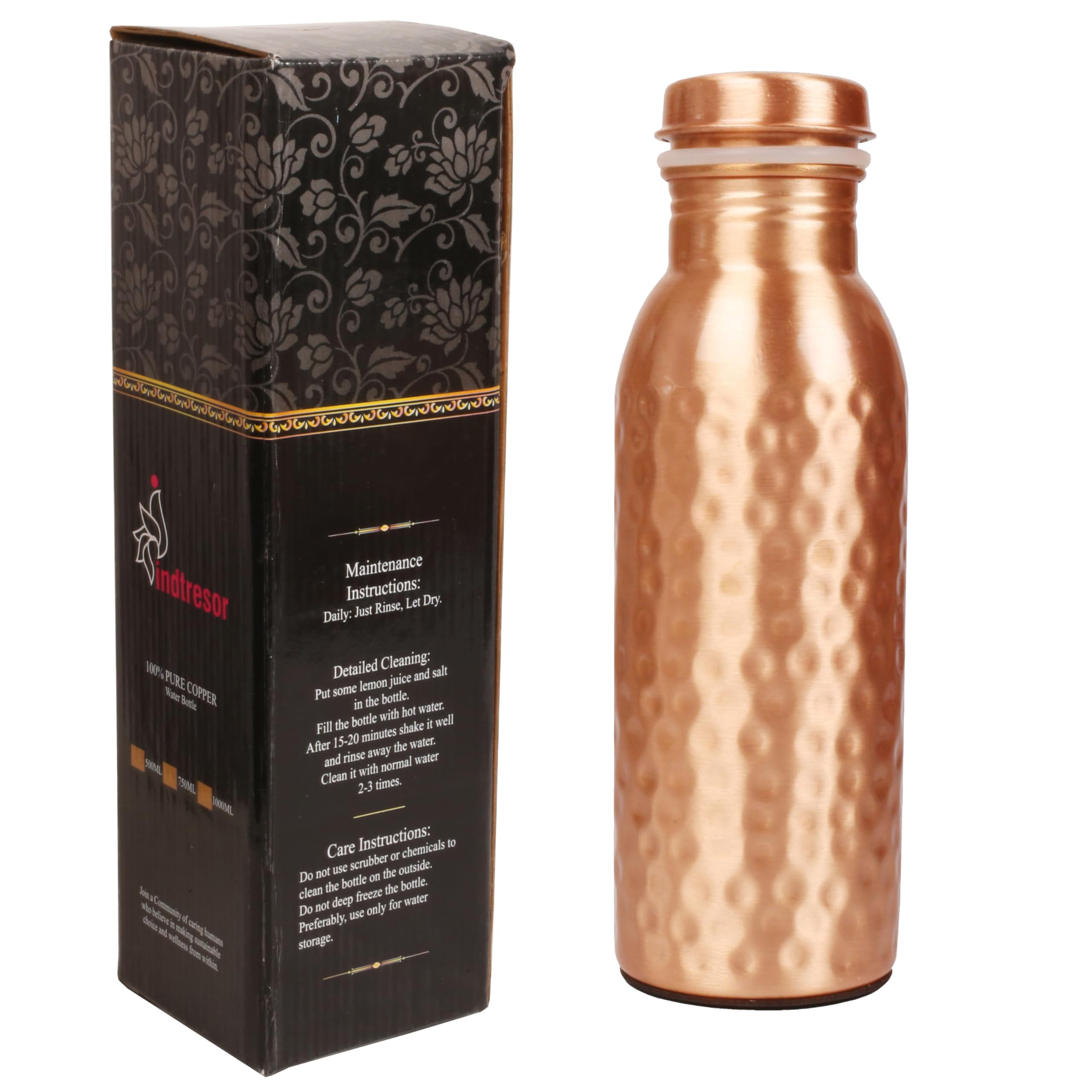 Encorius Pure Copper Water Bottle 32 Oz - Hammered Finish, Ayurvedic, Leak-Proof With Jute Bag