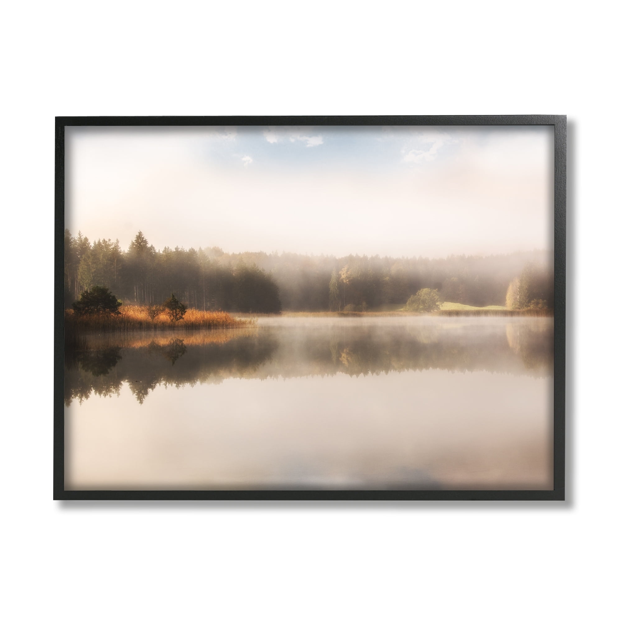 Indtries Autumn Lake Misty Landscape Distant Pine Tree Forest 20 in x 16 in Framed Painting Art Prints, by Stupell Home Décor