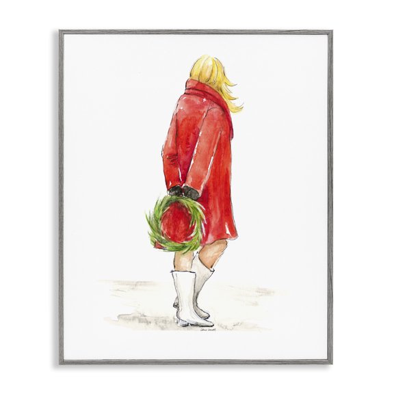 Stupell Industries Traditional Glam Fashion Red Jacket Christmas Woman with Wreath Gray Framed Giclee Art, 11 x 14, by Lanie Loreth