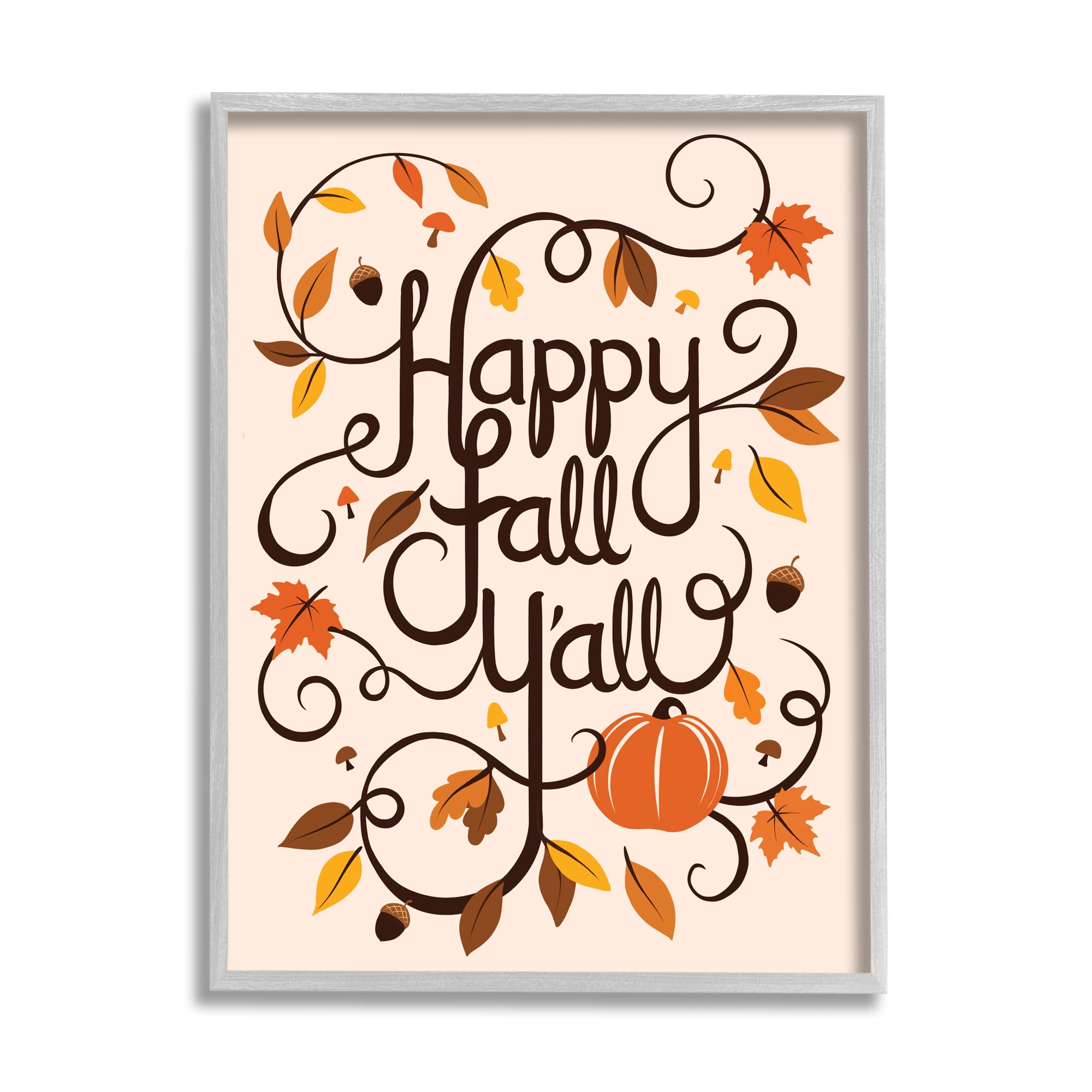 Indtries Happy Fall Yall Phrase Autumn Foliage Typography Acorns 11 in x 14 in Framed Painting Art Prints, by Stupell Home Décor