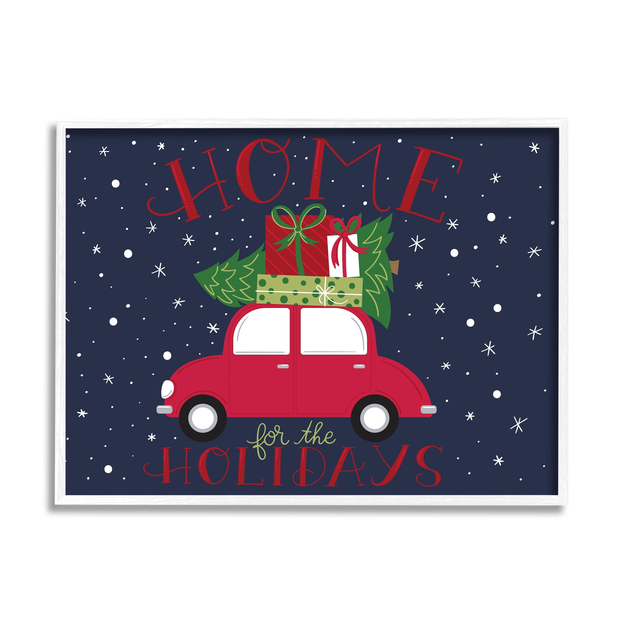 Indtries Home for Holidays Sentiment Red Car Presents Snow 30 in x 24 in Framed Painting Art Prints, by Stupell Home Décor