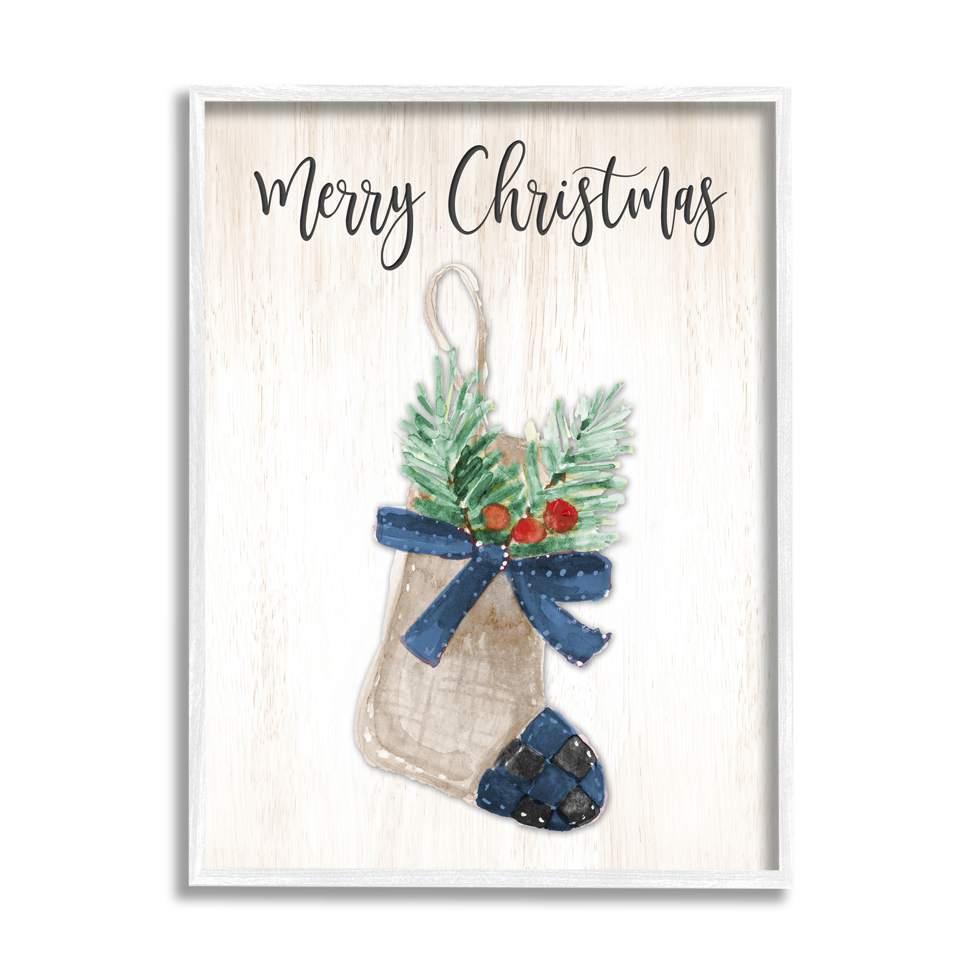 Indtries Merry Christmas Phrase Rtic Blue Plaid Holiday Stocking 11 in x 14 in Framed Painting Art Prints, by Stupell Home Décor