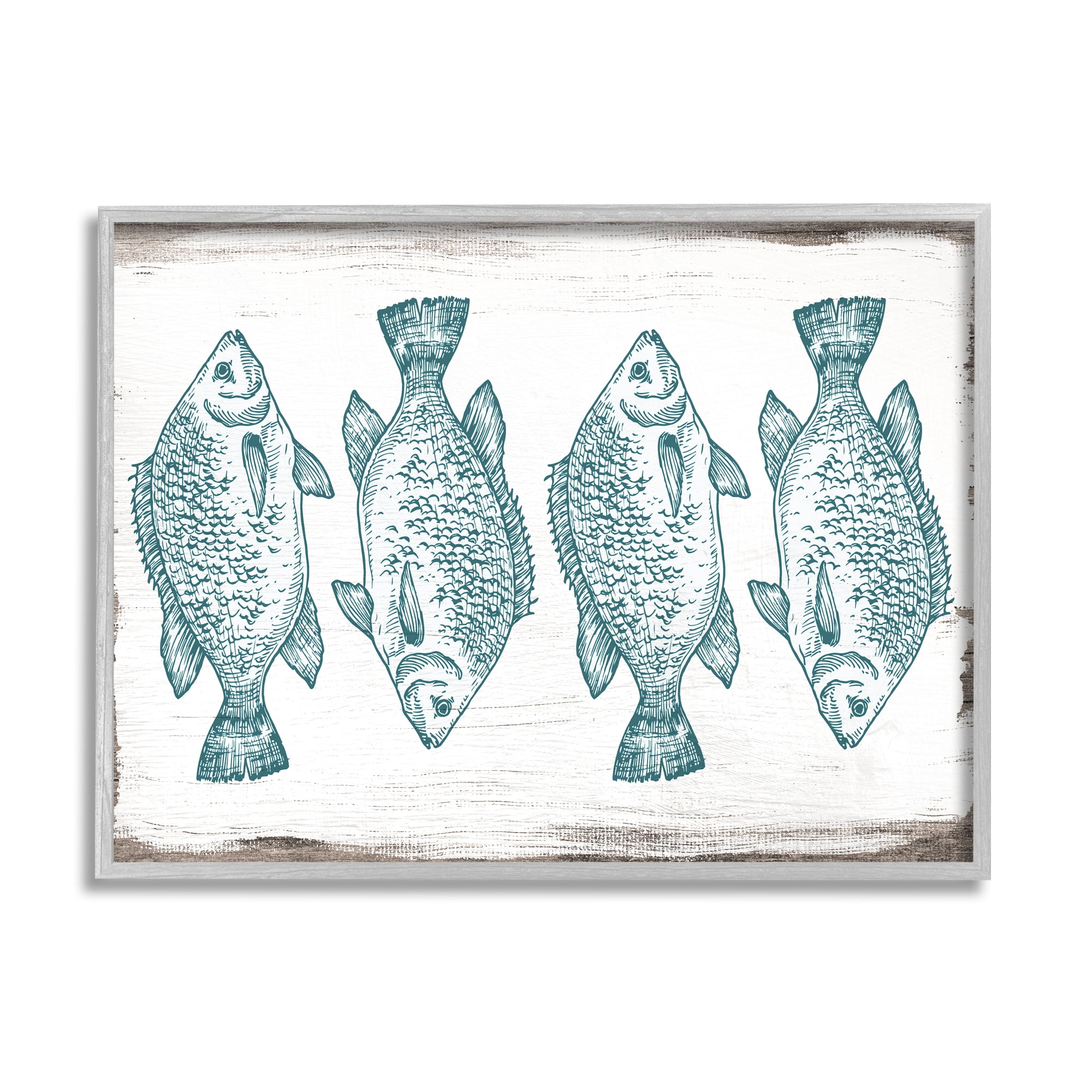 Indtries Vintage Fish Illtration Nautical Pattern Blue White Brown 14 in x 11 in Framed Painting Art Prints, by Stupell Home Décor