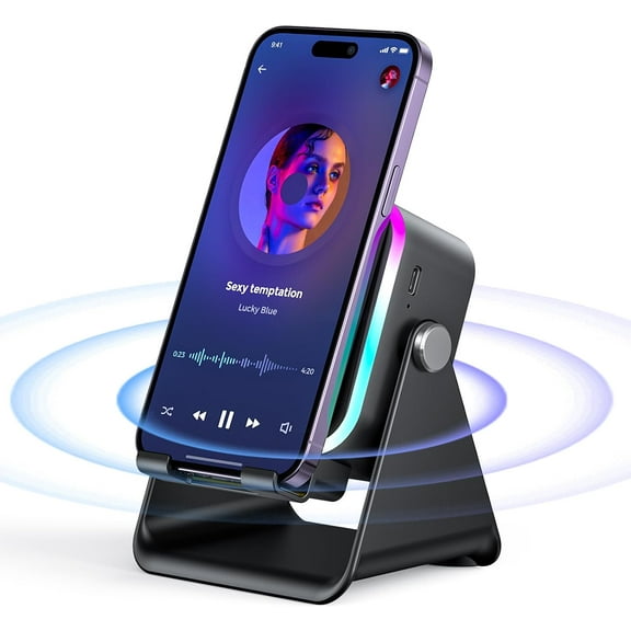 Induct Speaker with Phone Stand 5 in 1 Wireless Bluetooth o for iPhone Android Speakers Amplifier Rechargeable Colorful Light, Birthday Gifts Men Women Teens (Black)