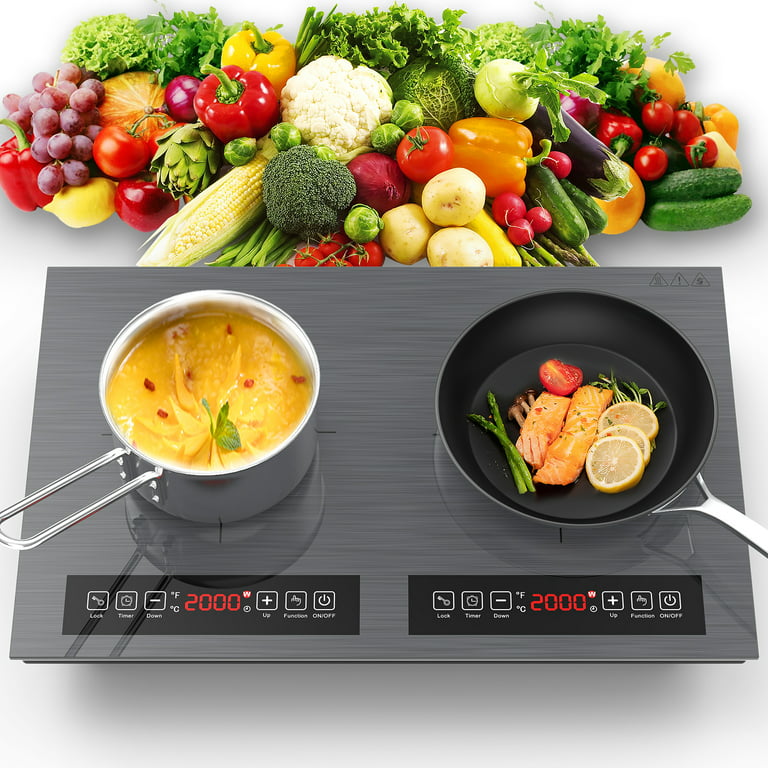 QTYANCY Portable Induction Cooktop, 2 Burner with Removable Griddle Pan, 8 Heating Levels, Timer, Independent Control