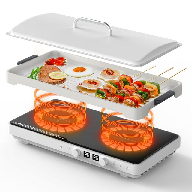Induction Cooktop, 120V 1800W Electric Cooktop 2 Burner with Removable Griddle Pan, 8 Gears