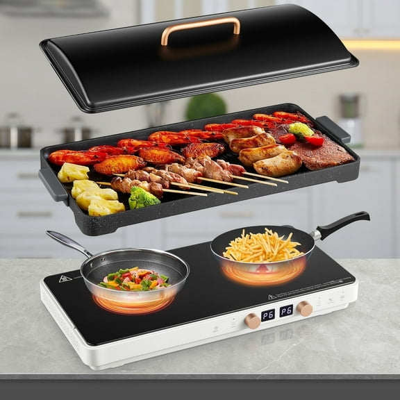 Induction Cooktop 2 Burners, 1800W Countertop Burners with Removable Cast Iron Griddle Pan Non-Stick, 8 Power Levels Control
