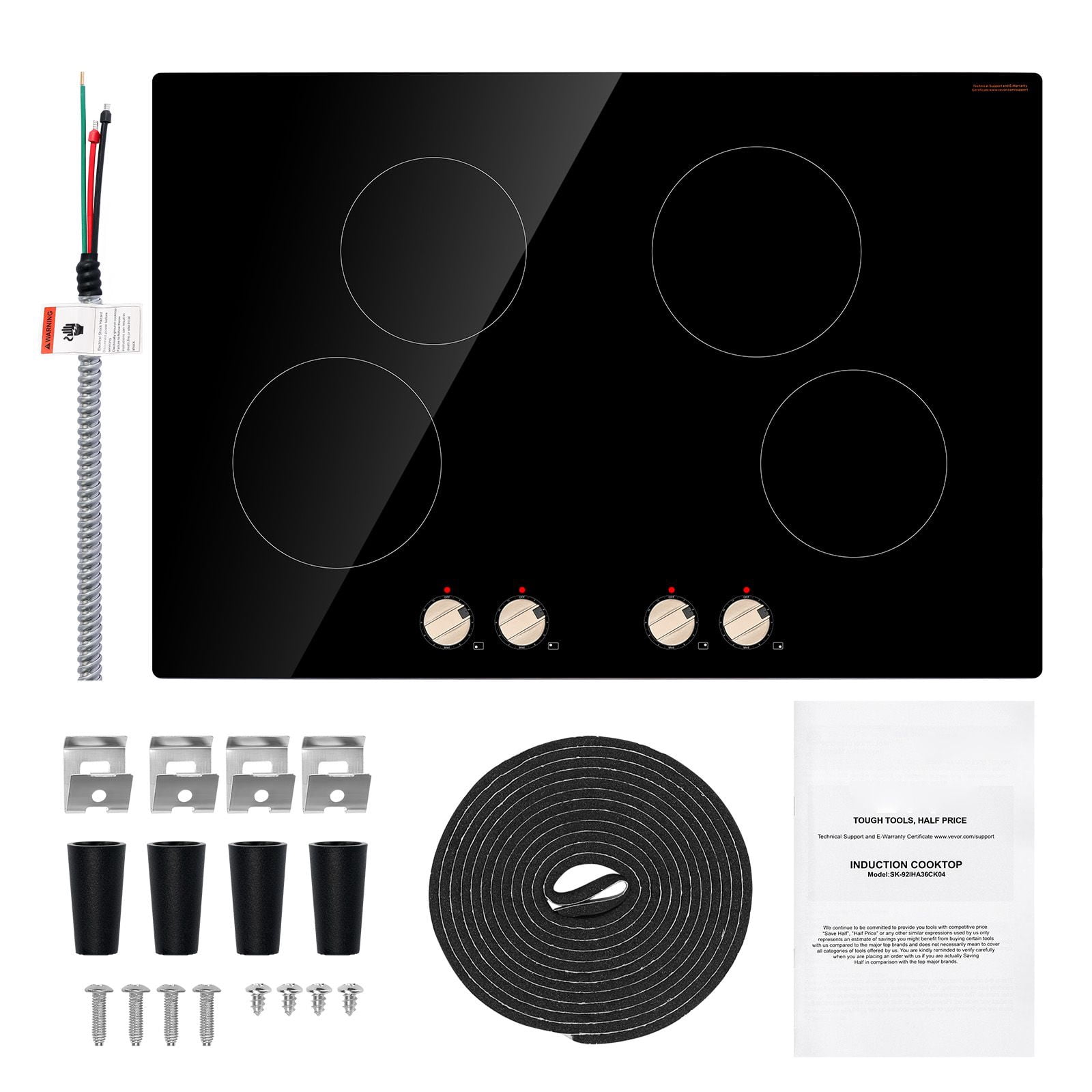 Induction Cooktop, 6600W Electric Countertop Burner, 4 Burner Knob Control Stove, Built-in Induction Cooktop with 12 Temperature Settings, Glass Surface, Auto Shut-Off