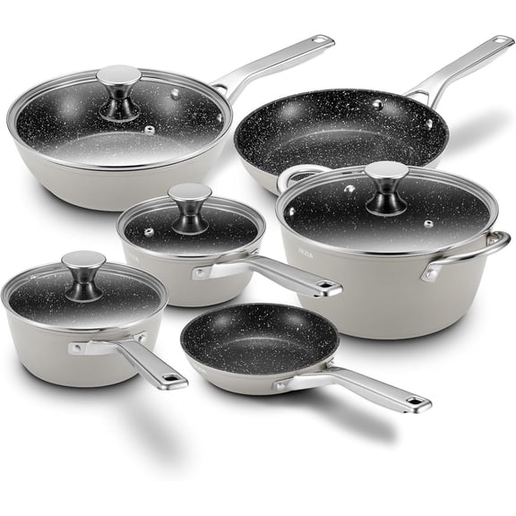 Induction Cookware Nonstick,  Pots and Pans Set for Induction Cooktop, Compatible with  Stoves, Dishwasher Safe Kitchen Cooking Pan Set with Frying Pans, Saucepans & Stockpot, 10- (Grey)