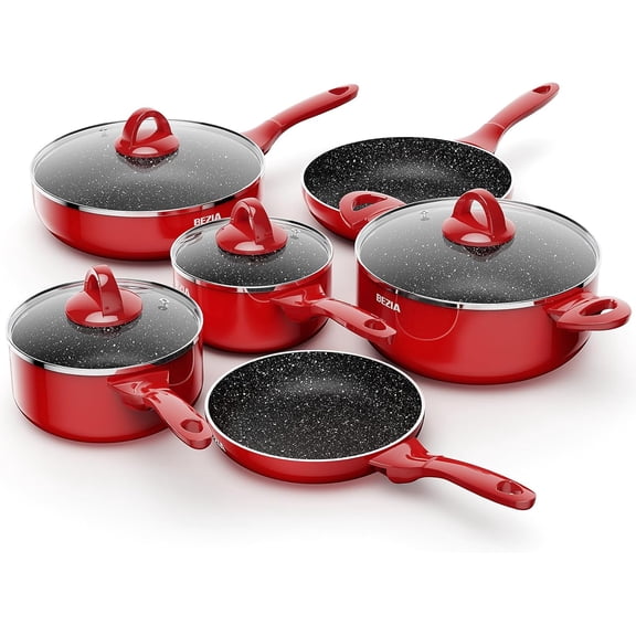 Induction Cookware Pots and Pans Set 10 Piece, Dishwasher Safe Nonstick Cooking Pans, Stay-Cool Bakelite Handle, Scratch Resistant Kitchen Sets with Frying Pans, Saucepans & Stockpot (Red)