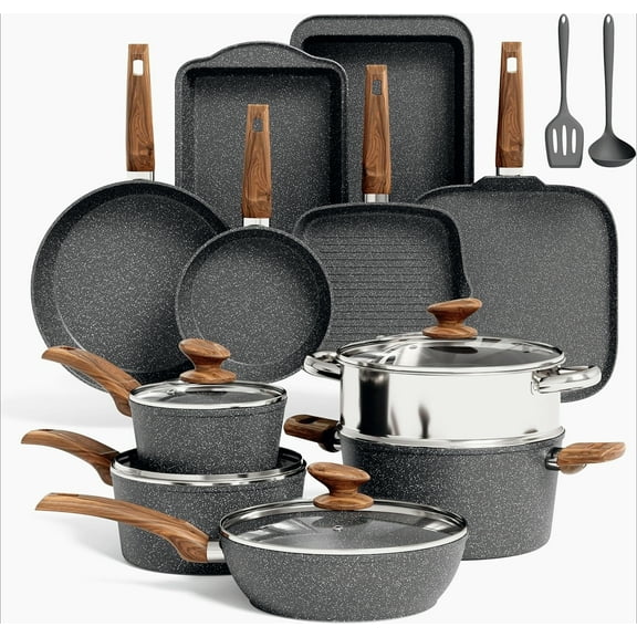 Induction Cookware Set-17 Piece Non-stick Cooking Pan Set, Black Granite Pots and Pans Set