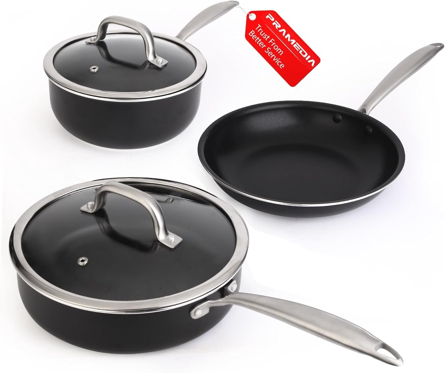 5PC Induction Cookware Set with Tempered Glass Lids, Ultra Nonstick Pots and Pans Set with Stainless Steel Handle, Oven Safe and Dishwasher Safe, Non Toxic, Granite Cookware Set, Black
