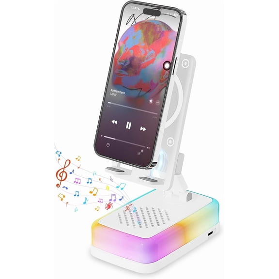 Induction Speaker with 360? Rotating Phone Stand, 3000mAh Large , 5 in 1 Portable Cell Phone Holder with RGB Light & Charger, Tech Gifts for Men Women, (White)