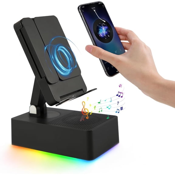 Induction Speaker, 5-in-1 Foldable Phone Holder, 1500mAh , Colorful LED Ambient Light, Tech Gadgets Gifts for Men Women, for Android Tablet, Black
