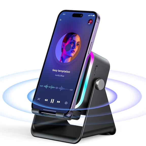 Induction Speaker with Phone Stand 5 in 1 Wireless Induction Bluetooth Audio for iPhone Android Phone Speakers Amplifier with Rechargeable Colorful Light, Birthday Gifts for Men Women Teens (Black)