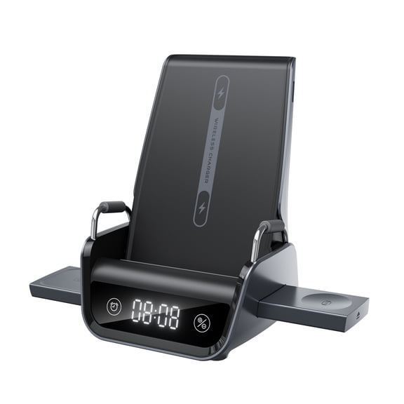 Inductive Charging Stand for Phone, Earbuds and Smartwatch, 15W Desk Power Station with Digital Clock and Horizontal Viewing Support