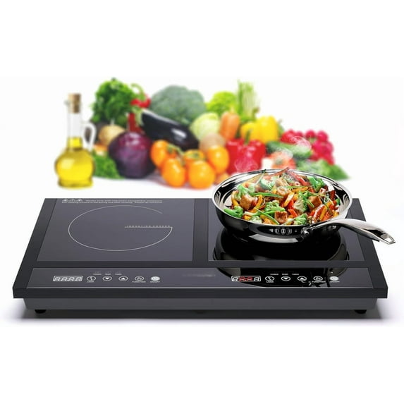 Inducto Dual Induction Cooktop Countertop Burner, Portable Electric Cooktop with Two Heating Zones, Energy-Efficient Countertop Stove, Easy-to-Clean Glass Surface, Black 1800W