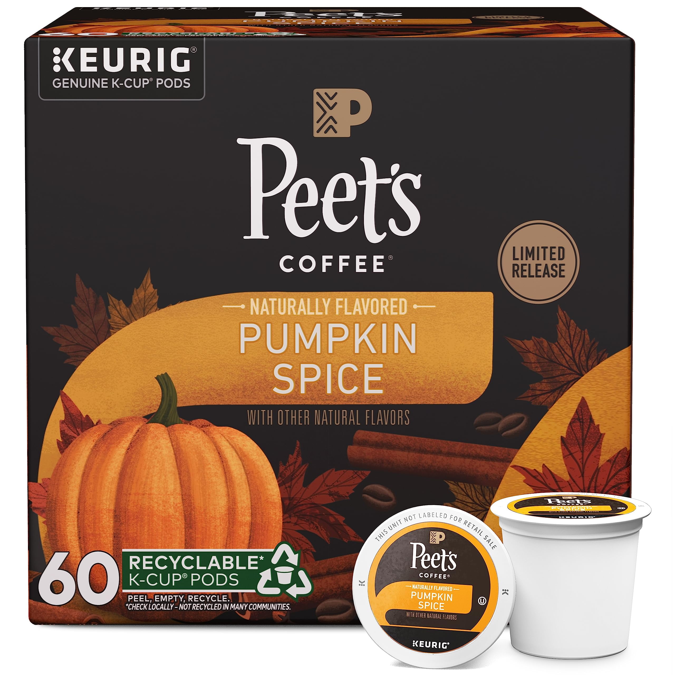 Indulge in Delicious Pumpkin Spice Flavored Coffee K Cup Pods 60 Count 6 Boxes of 10 Perfect for Keurig Brewers by Peet s Coffee. Walmart