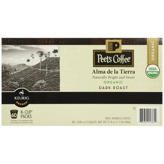 Indulge in the Richness of Peet's Coffee Organic Alma De La Tierra Dark Roast K-Cup Packs - A 60 Count Pack for Endless Coffee Pleasure.