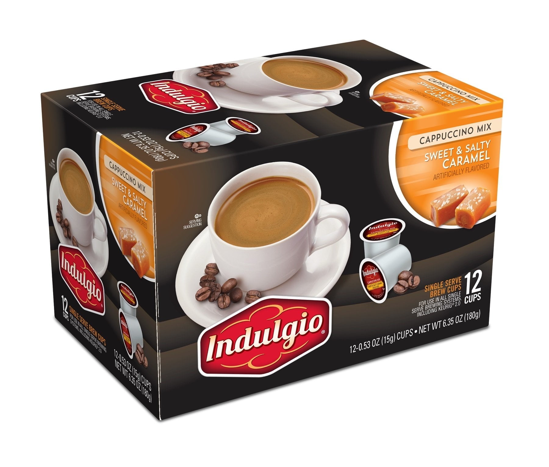 Indulgio Cappuccino Mix Sweet & Salty Caramel Single Serve Brew Cups, 0.53 oz, 12 count