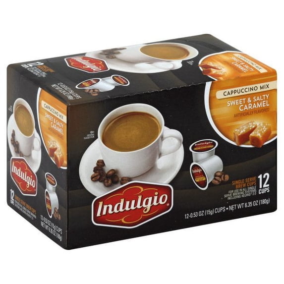 Indulgio Cappuccino Mix Sweet & Salty Caramel Single Serve Brew Cups, Pumpkin Spice, French Vanilla, Vanilla Cinnamon, Hot Cocoa Mix 0.53 oz, 12 Count