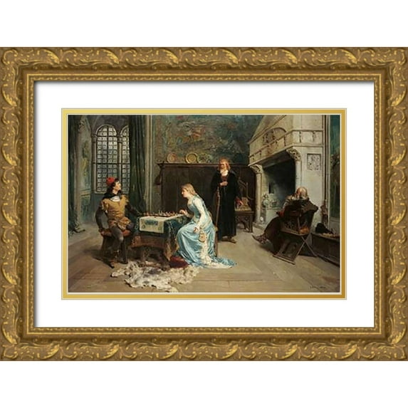 Induno, Girolamo 24x17 Gold Ornate Wood Framed with Double Matting Museum Art Print Titled - Fernando and Iolanda Playing Chess
