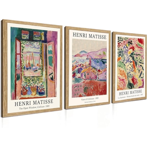 Induslyfe Framed Retro Vintage Wall Art Canvas Decor Set of 3, Matisse Wall Art Prints Poster Mid Century Modern Art, Sage Green Aesthetic Floral Botanical wall art living room bathroom bedroom 12x16