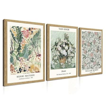 Induslyfe Framed Sage Green Vintage Wall Art Canvas Decor Set of 3, Matisse Wall Art Prints Posters Mid Century Modern Art, Van Gogh Floral Botanical wall art, bathroom, bedroom, living room 12x16