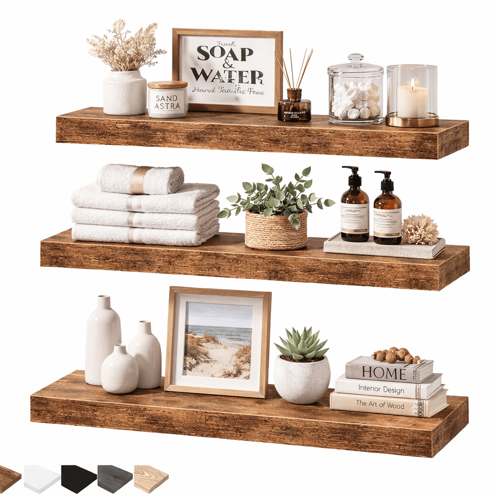 Induslyfe Large Rustic Brown Floating Wall Shelves, Wood Wall Mounted Shelf, Set, 22.5 x 6.7 in, Set of 3, shelf over toilet farmhouse decor