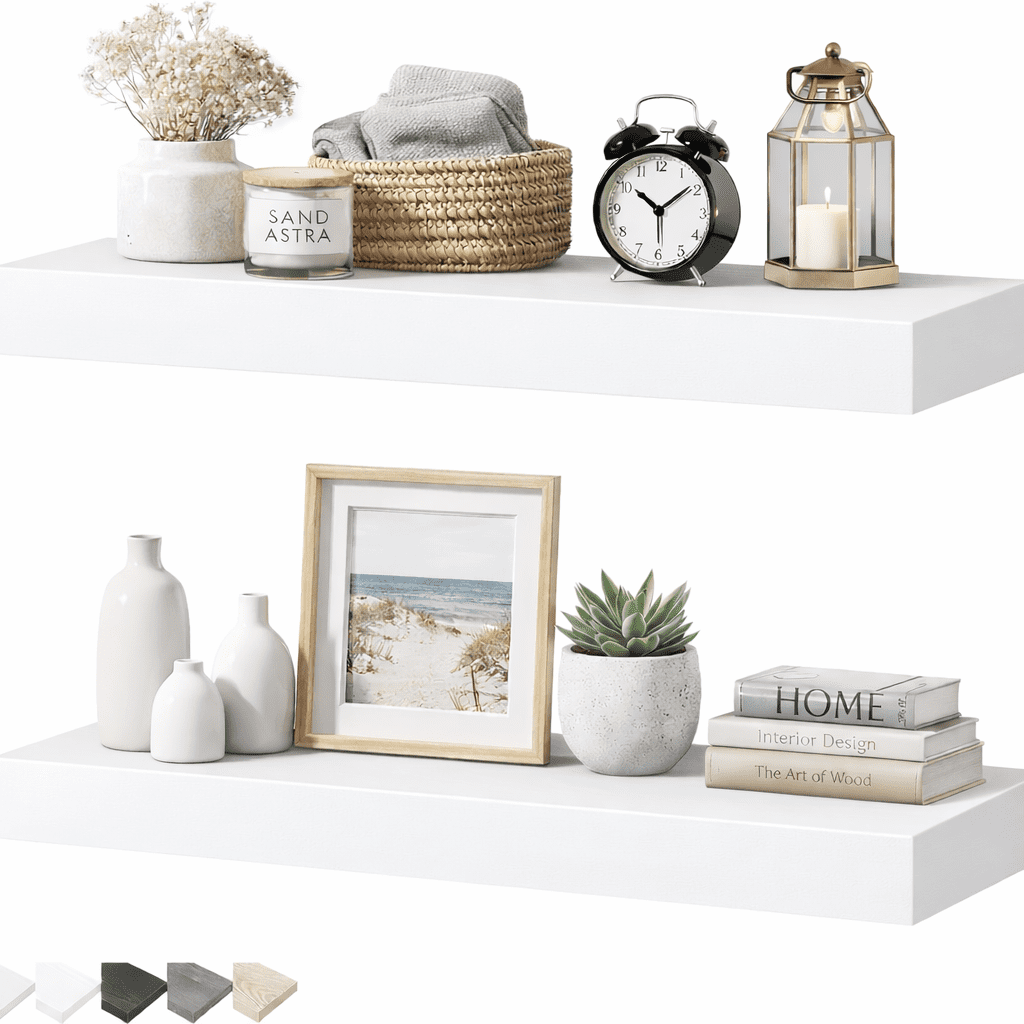 Induslyfe Large White Floating Wall Shelves, Wood Wall Mounted Shelf, Set, 22.5 x 6.7 in, Set of 2, shelf over toilet farmhouse decor
