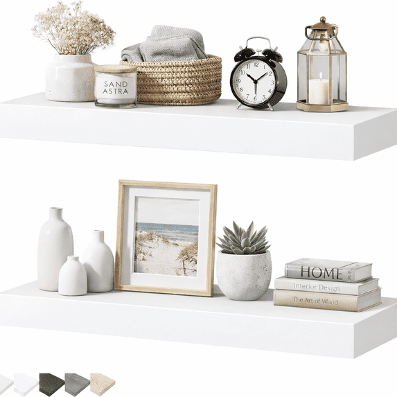 Induslyfe Large White Floating Wall Shelves, Wood Wall Mounted Shelf, Set, 22.5 x 6.7 in, Set of 2, shelf over toilet farmhouse decor