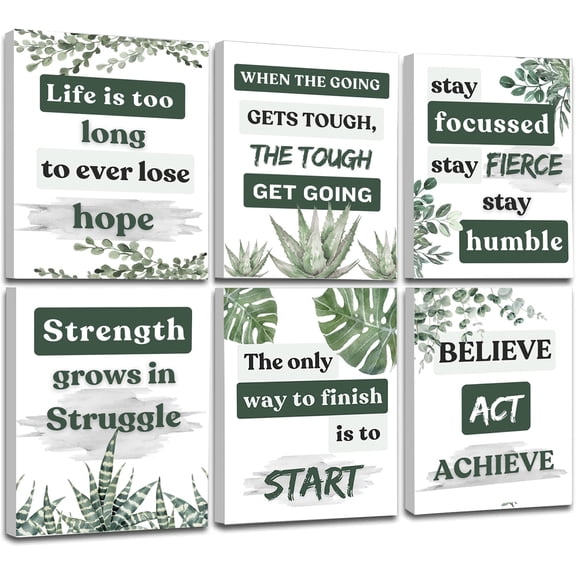 Induslyfe Motivational Wall Art for Living room, Office, Framed Canvas Wall Art pictures for Classroom Inspirational Office Wall Decor Olive Eucalyptus, Positive Quotes Wall Decor, Set of 6, 9x12