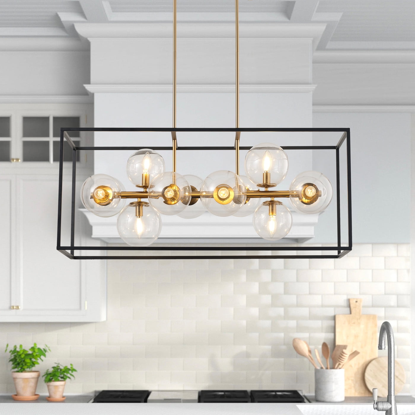 Industrial 12-Light chandelier, Black and Gold caged Lantern Light Fixture, Rustic Kitchen Island Pendant Lighting