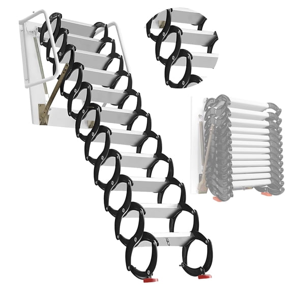 Industrial 12 Step Aluminum-Magnesium Collapsible Ladder ,700LBS Pull-Down Loft Stairs with Handrails |,Wall-Mounted Attic System for Commercial Roof Access