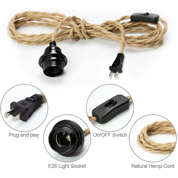 Industrial 15ft Pendant Light Cord -Plug in Hanging Light Fixture, 15FT Farmhouse Pendant Lamp Lights Cord with Switch Cord for Kitchen Island Bedroom Living Room